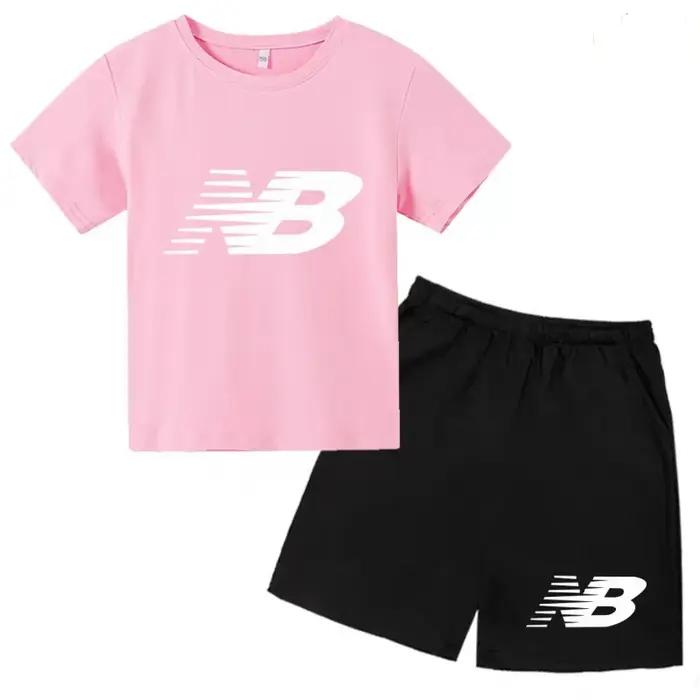T-shirt noir à col rond et short pour enfants, ensemble de sport décontracté à manches courtes pour
