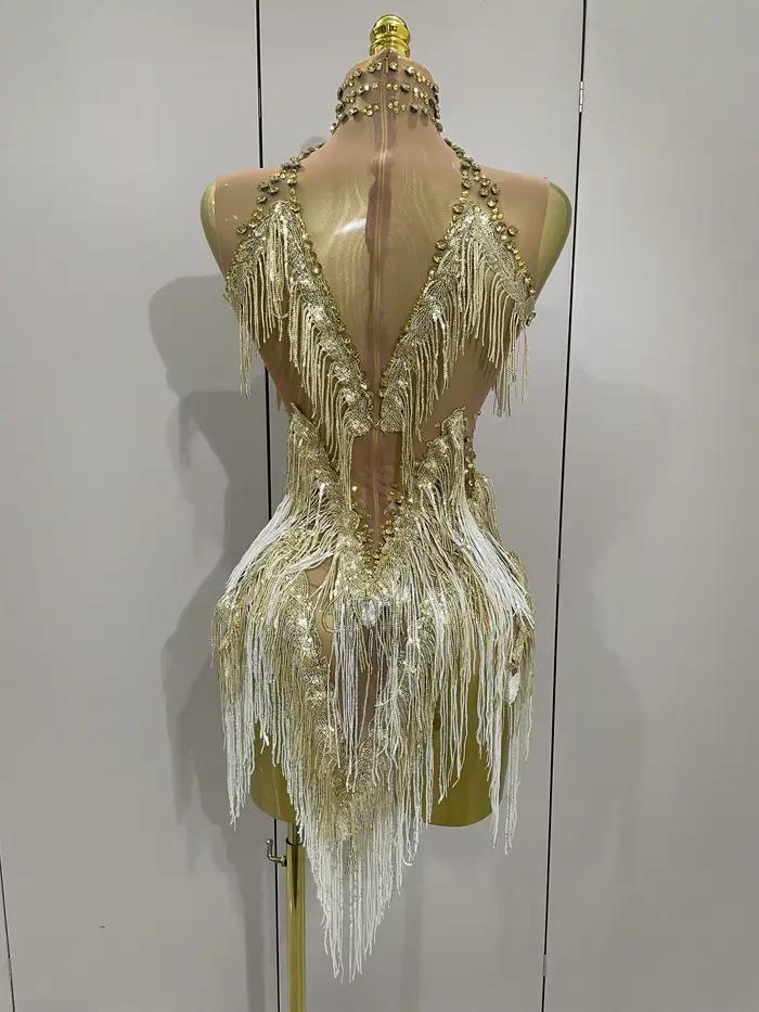 Stock 2025 femmes Sexy maille extensible brillant strass glands Mini robe discothèque chanteur danse