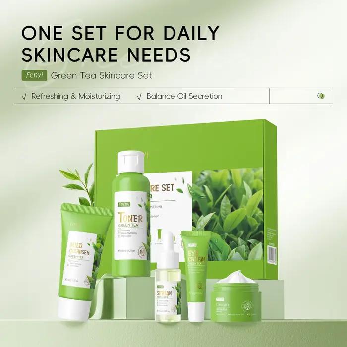 5 pièces/boîte ensemble de soins de la peau thé vert nettoyant pour le visage apaise la peau visage