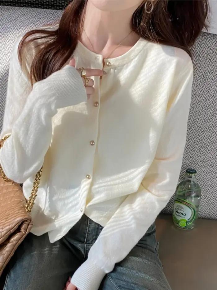 Cardigan tricoté de couleur unie pour femmes, coréen, simple boutonnage, manches longues, col rond,