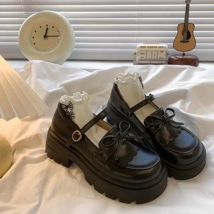 Chaussures enfants en cuir noir Mary Janes filles chaussures nœud semelle épaisse chaussures de fête