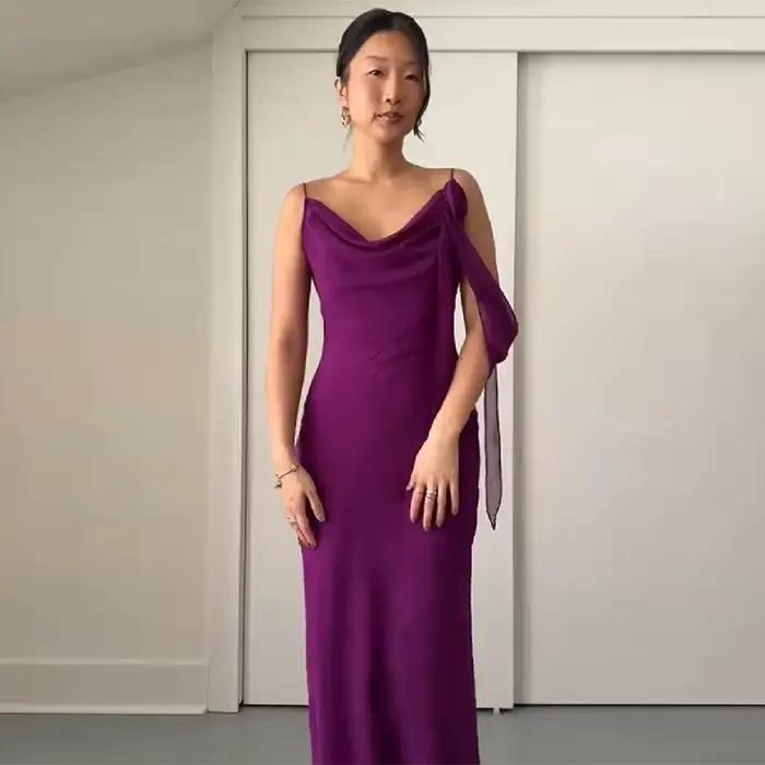 Robe longue en mousseline violette pour femme, collection été 2026, avec bretelles spaghetti, col dr