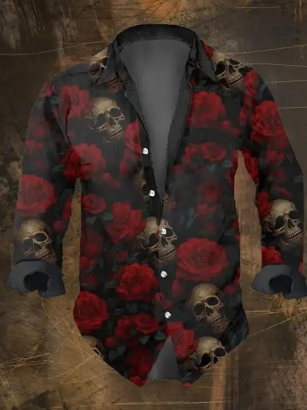 Mode hommes Vintage crâne foncé imprime chemises à manches longues imprimé crâne hauts noirs coupe r