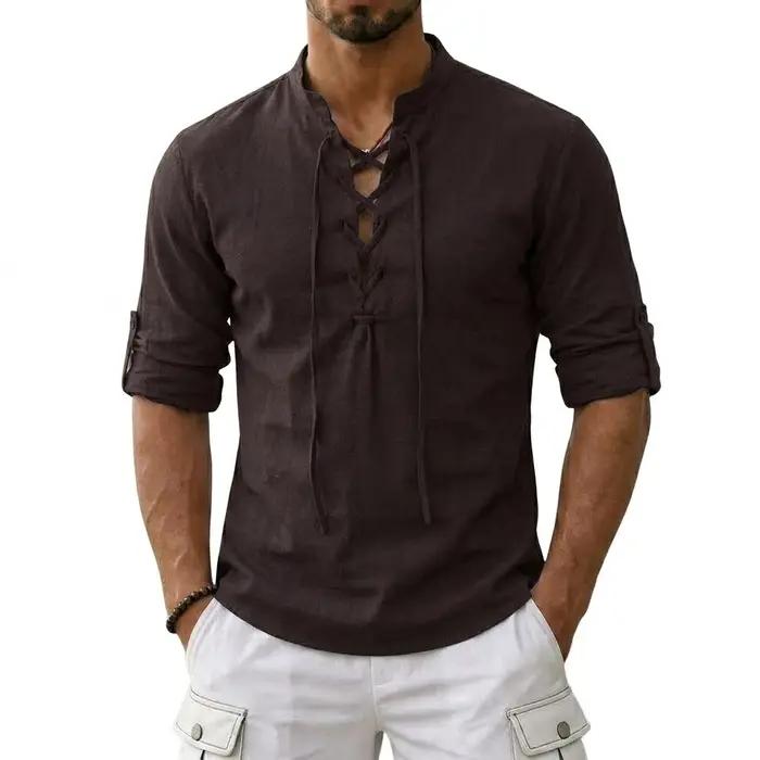 T-shirts en lin à manches longues pour hommes, style médiéval vintage viking, chemises en coton pour