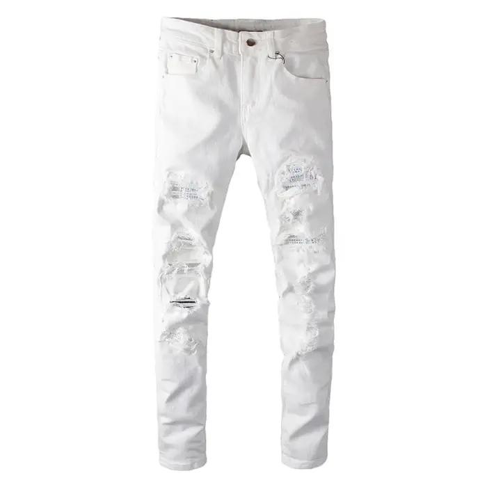 Sokotoo hommes trous de cristal blanc déchiré jean mode mince maigre strass Stretch Denim pantalon