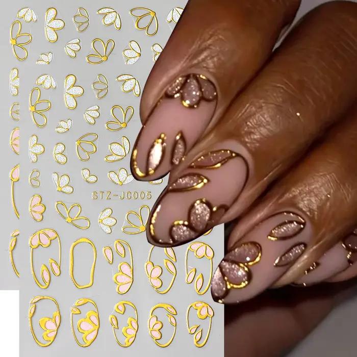Autocollants pour ongles floraux à paillettes bronzantes 3D, pétales dorés, marguerite blanche, déca