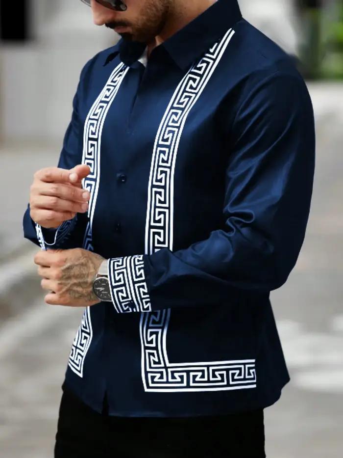 Chemise à manches longues pour hommes, surface lisse, motif géométrique complexe imprimé, rétro, déc