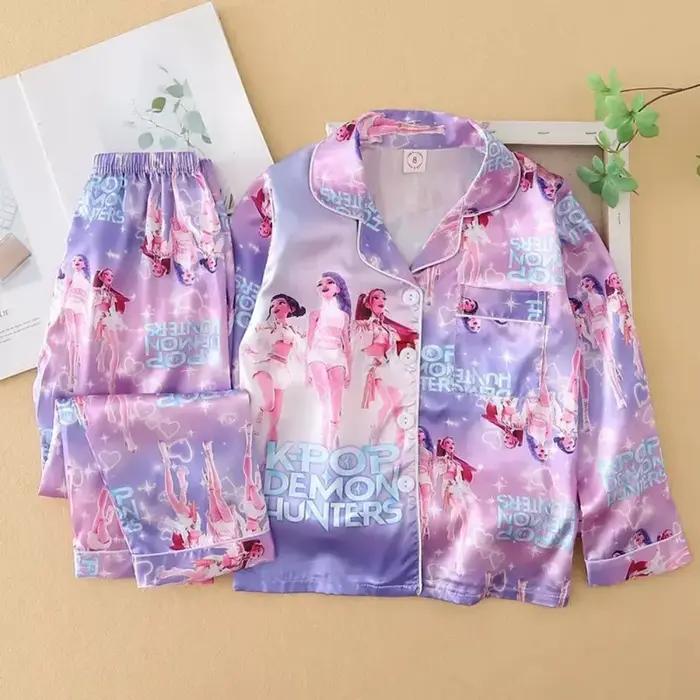 Ensembles de pyjamas pour filles en satin à manches longues rose et violet, pyjamas pour enfants Kpo