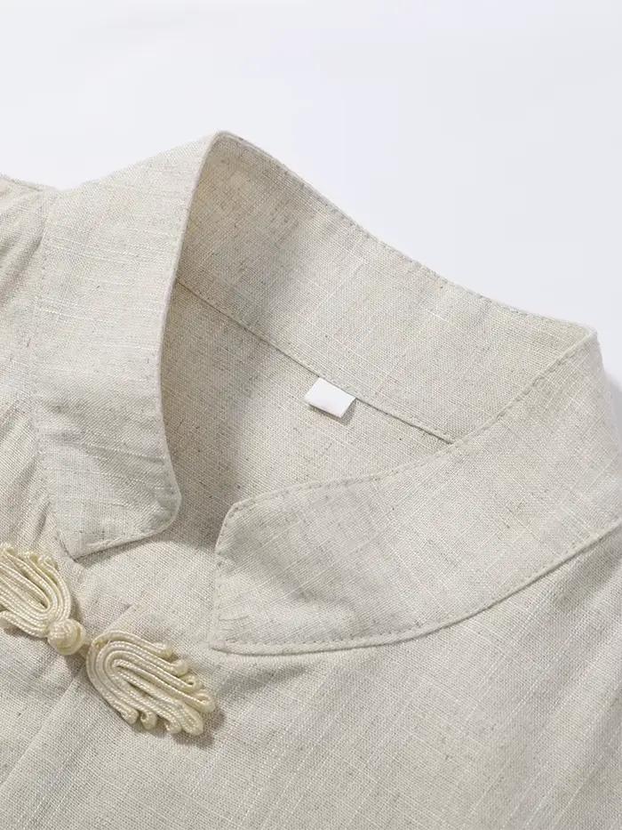 Ensemble 2 pièces mode femme en lin : haut ample à manches longues avec boutons grenouille et lacets