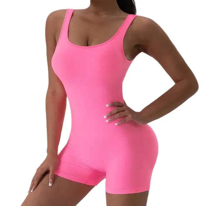 Combinaison de Yoga dos nu, 1 pièce, col en U, sans manches, combinaison de sport, couleur unie, fil