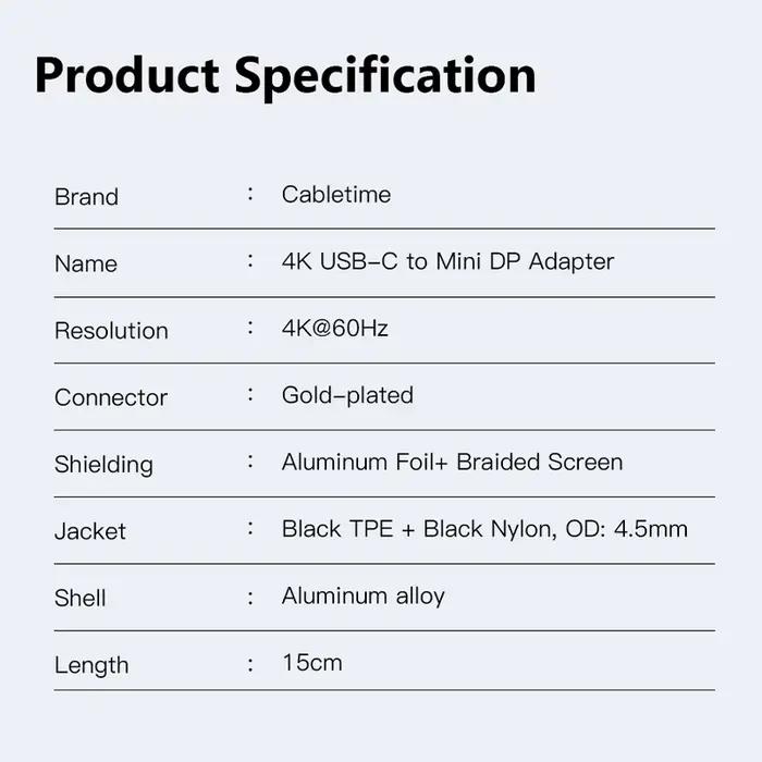 CABLETIME USB C vers Mini Displayport adaptateur 4K 60Hz pour ordinateur portable Macbook Huawei Mat
