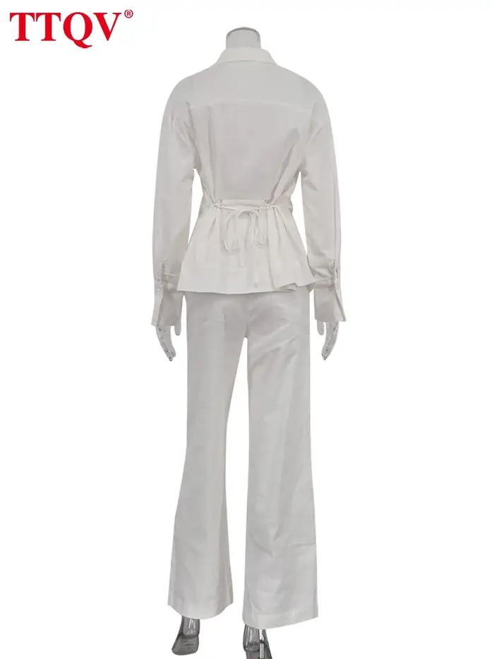 TTQV – ensemble deux pièces en lin blanc pour femmes, ample, élégant, chemise à manches longues avec