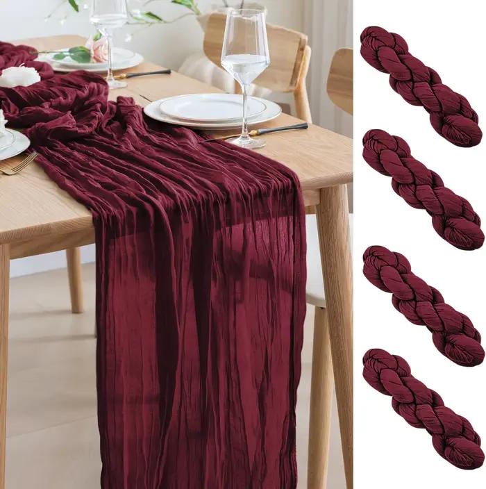 Chemin de Table en gaze bordeaux, 4 paquets, tissu drapé d'arrière-plan Semi-transparent pour mariag