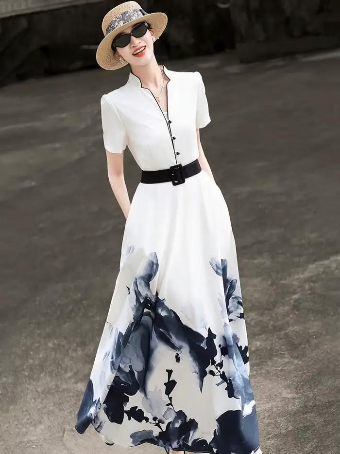 MEXCOCO 2026 Nouvelle collection été – Robe évasée élégante à manches courtes imprimé peinture à l'e