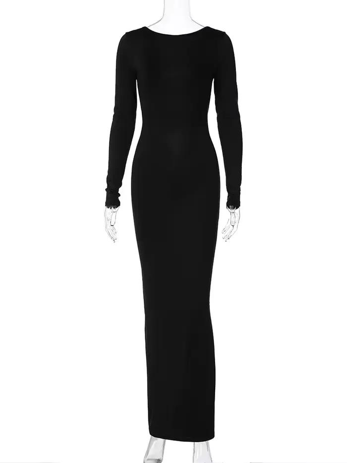 Hugcitar printemps élégant à manches longues dos nu solide froncé Sexy moulante Maxi robe de bal fem