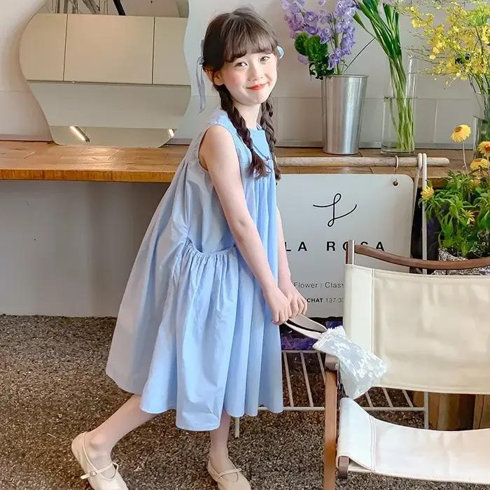 Robe d'été sans manches pour filles de 2 à 10 ans, couleur unie, grandes poches latérales, bleue, fr