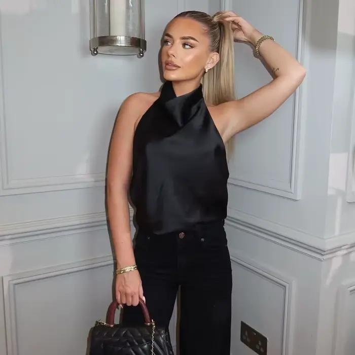 Hauts en satin pour femme, style licou, épaules dénudées, dos nu, sexy, sans bretelles, camisole de