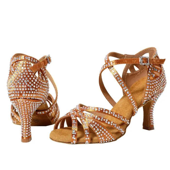 Chaussures de danse latine en diamant pour femmes, sandales de danse carrées, chaussures de danse Ch
