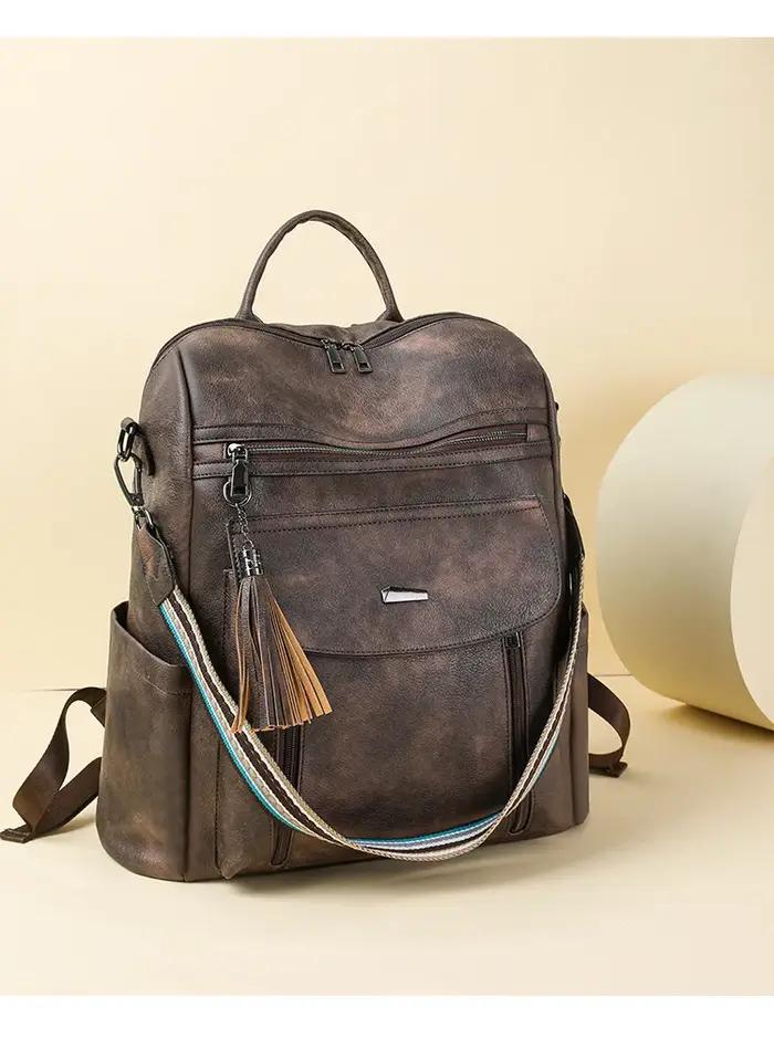 Sac à dos rétro grande capacité pour femmes, à la mode, décontracté, multifonctionnel, matériau PU,