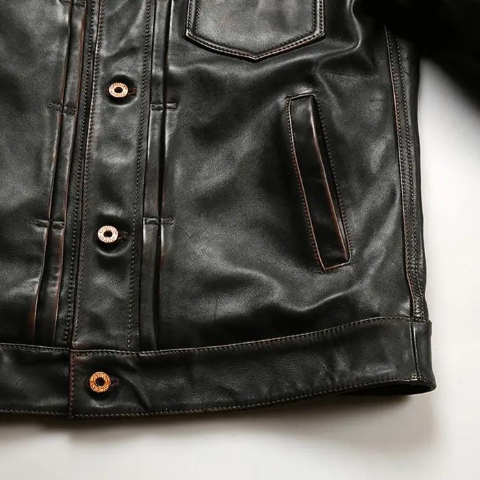 Veste vintage en cuir véritable pour hommes, vêtements de haute qualité, style coréen, Tea Core, rev