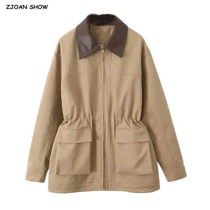 Manteau Safari en Faux Cuir Épissé pour Femme, Veste à Fermeture Éclair, 2 Poches Avant, Taille arti
