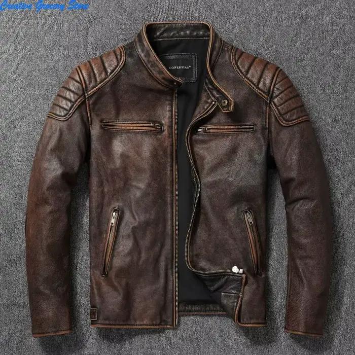 Veste de moto en cuir de vache pour hommes, col montant, mode, couleur unie, ample, polyvalente, déc