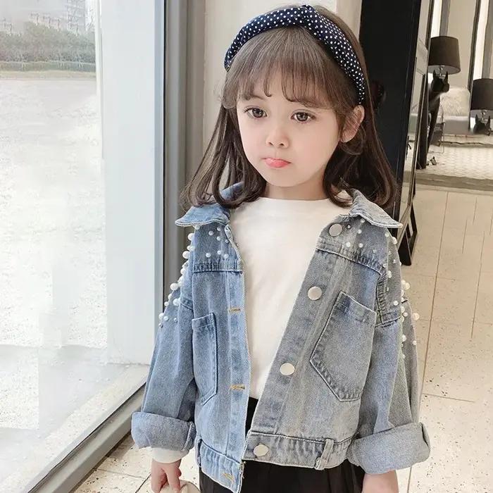 Nouveau printemps automne perle embellissement adolescentes Denim manteau enfants mode coupe-vent en