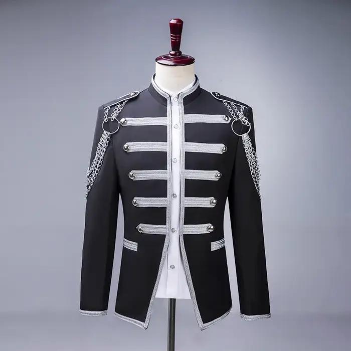 Blazer militaire noir avec chaîne argentée pour hommes, veste de spectacle de magicien pour chanteur