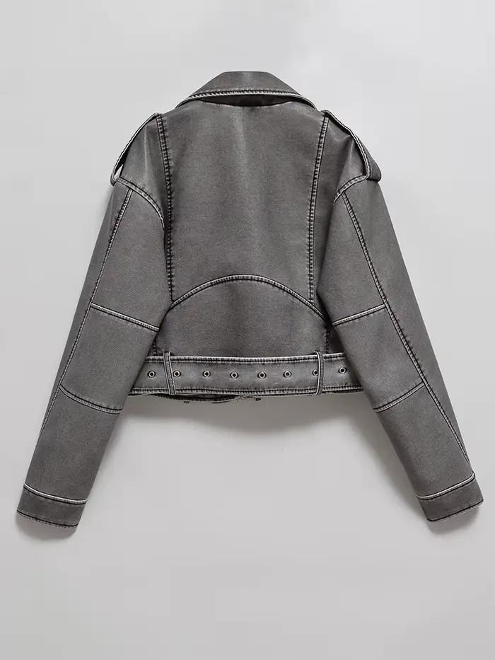 Ailegogo femmes Vintage ample lavé Faux cuir veste courte Streetwear femme fermeture éclair ceinture