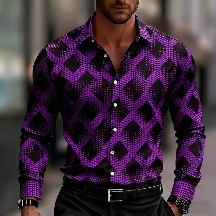 Chemise homme à manches longues imprimé géométrique, chemise boutonnée élégante, avec motifs carrés