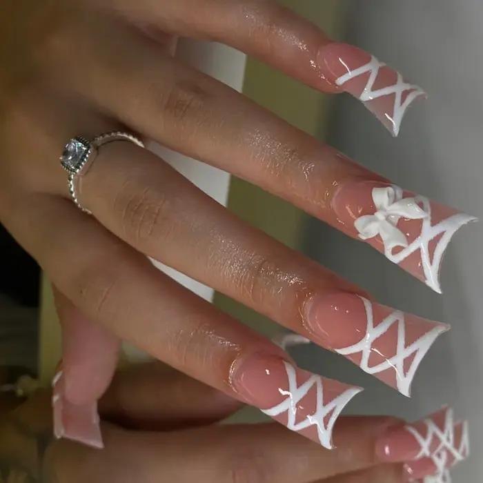 Faux ongles courts à rayures zébrées, 24 pièces, bec de canard français, à pression, Design d'arc po