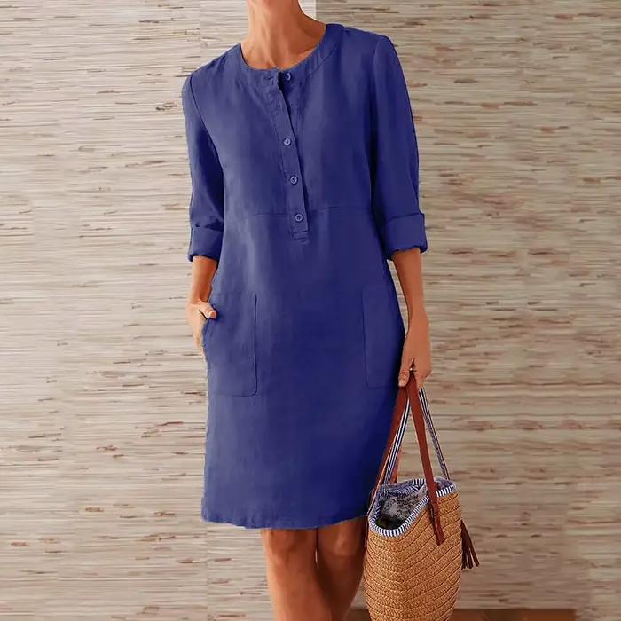 Robe tunique en coton et lin pour femmes, décontractée, solide, manches longues, Vintage, droite, ma