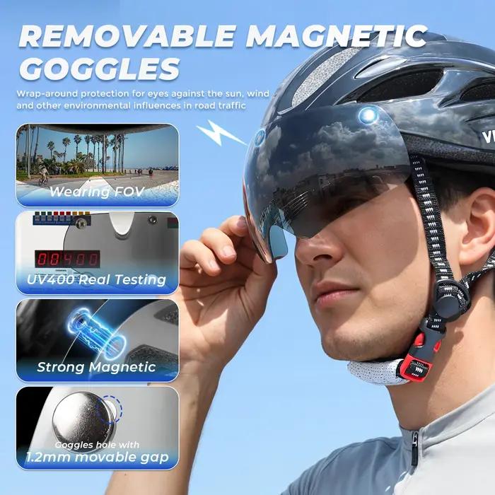 Casque de vélo homme avec lunettes UV400 intégrées système de ventilation et lumière arrière LED sécurité vélo MTB motorisé Roller