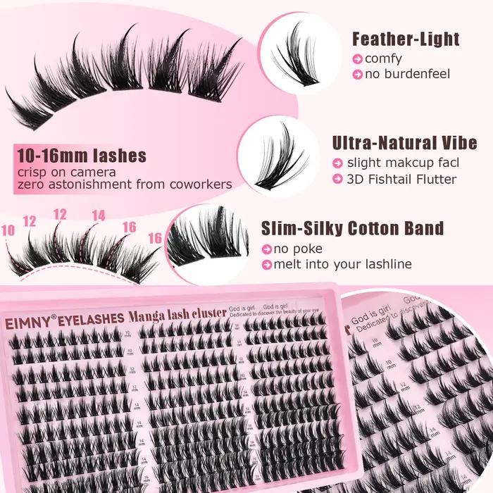 EIMNY 300 PCS Extensions de cils style Little Devil 10-16mm, avec colle, pinces, cotons-tiges, cils