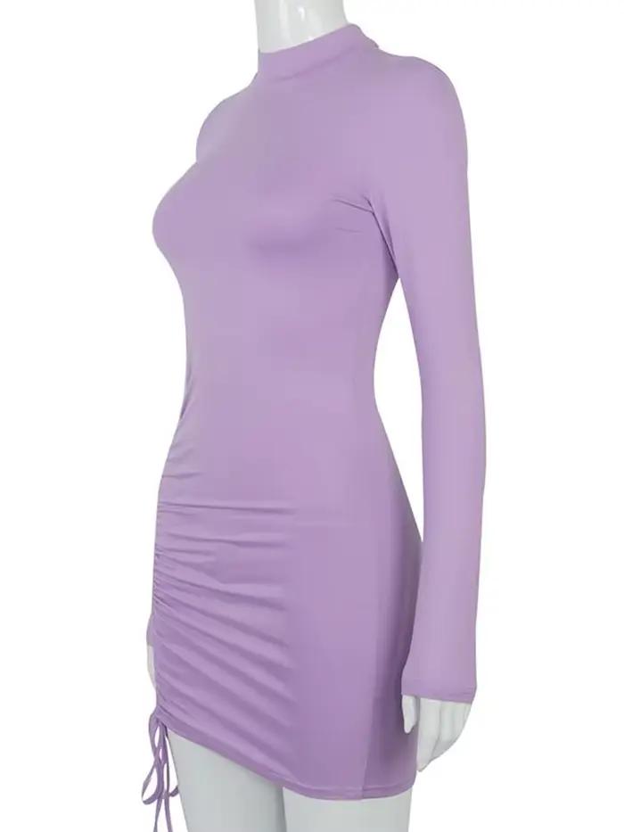 Robe moulante froncée à manches longues pour femmes, col roulé, Mini robe à bandes, noire, slim, ext