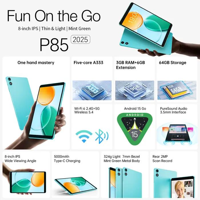 Teclast P85 Android 15 tablette 8 pouces IPS 3 + 6GB RAM 64GB ROM A333 5 cœurs Widevine L1 Wi-fi 6 t