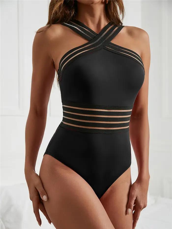 Maillot de bain une pièce avec bande en maille unie, Sexy, col haut, croisé sur le devant, rembourré
