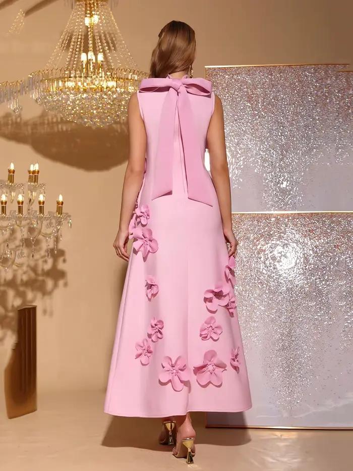 Modphy Patchwork Appliques robe pour femmes col montant sans manches taille haute élégant épissé à l