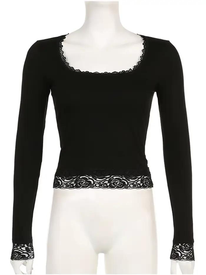 T-shirt manches longues pour femmes, Vintage, fée Grunge, garniture en dentelle, Slim, convient aux