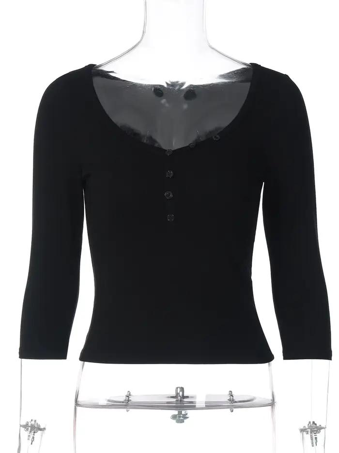 Dulzura automne solide col rond demi manches simple boutonnage mince T-Shirt femmes décontracté poly