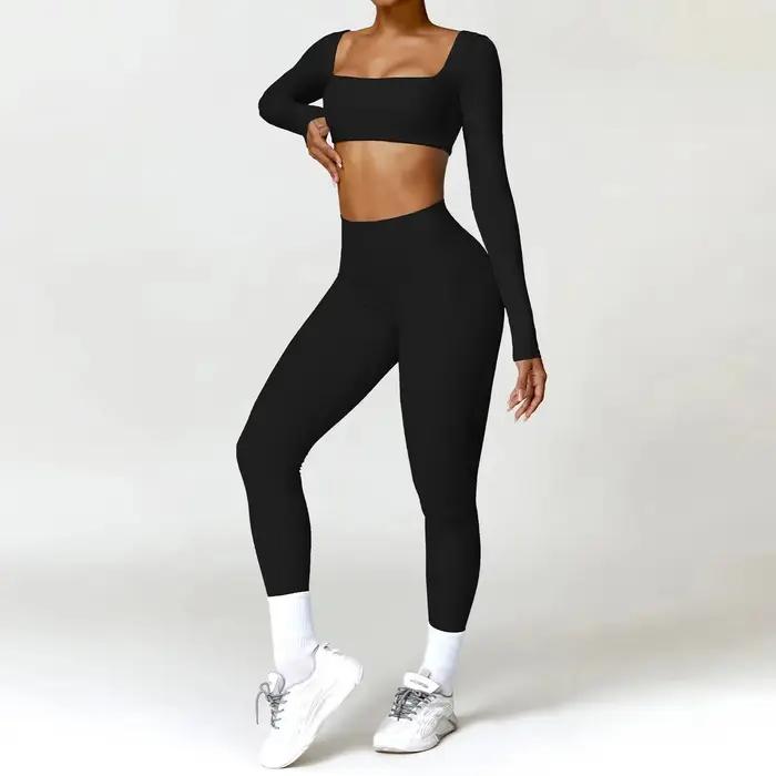 Ensemble sport 2 pièces femme séchage rapide salle gym course yoga T-shirt manches longues