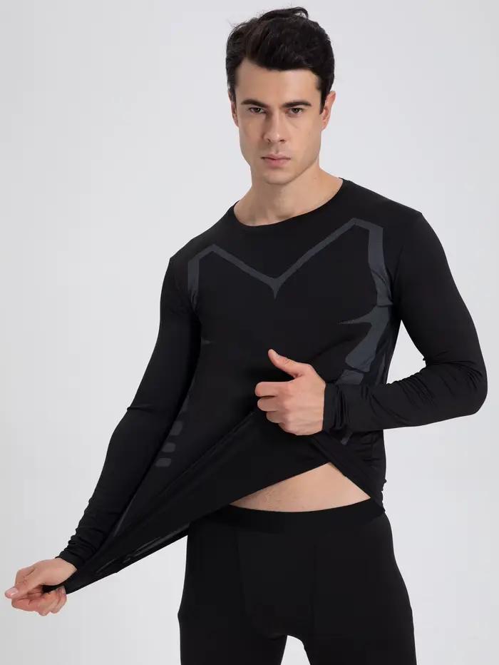 Chemise de sport à manches longues à compression respirante pour hommes – Vêtements de sport à col r