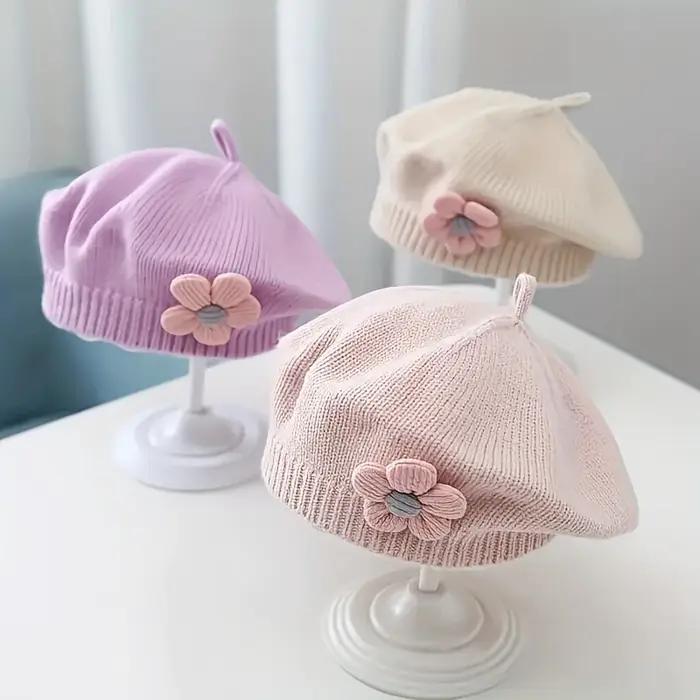 Béret à fleurs pour bébé, bonnet tricoté chaud d'hiver pour nourrissons filles, casquettes de peintr
