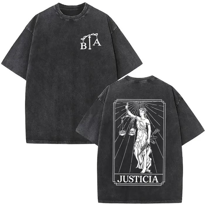 T-shirt vintage délavé Justicia Brothers in Arms à impression double face, vêtements pour hommes, t-