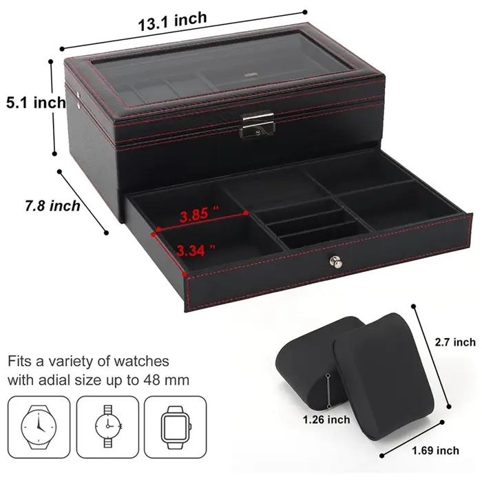 Boîte de montre verrouillable pour homme, boîte à bijoux avec 6 emplacements, étui à lunettes de sol