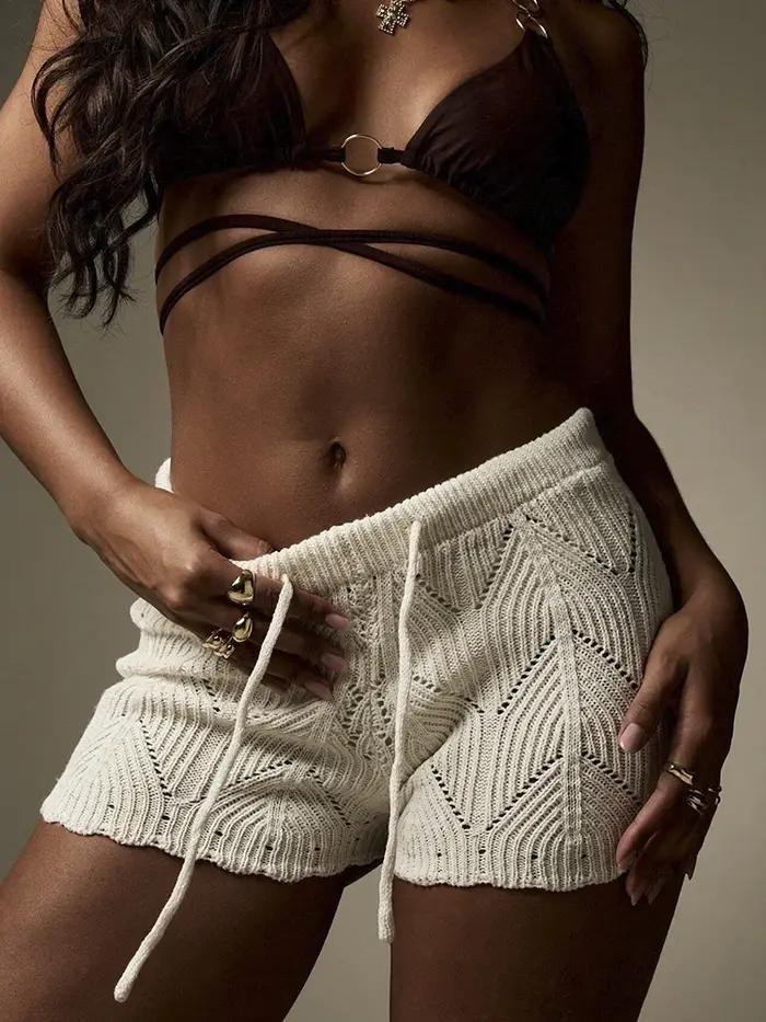 Short à cordon tricoté au crochet fait à la main, couverture de plage confortable et décontractée, v