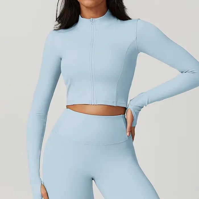 Haut à manches longues pour femmes, veste à fermeture éclair, chemises de Yoga, T-Shirt de course, d