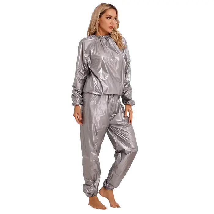 Combinaison de Sauna en PVC pour femmes, 2 pièces, manches longues, manchette élastique, haut et pan
