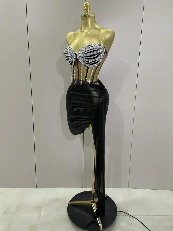 Sexy brillant strass paillettes 2 pièces haut jupe ensemble 2025 femmes célébrité soirée scène disco