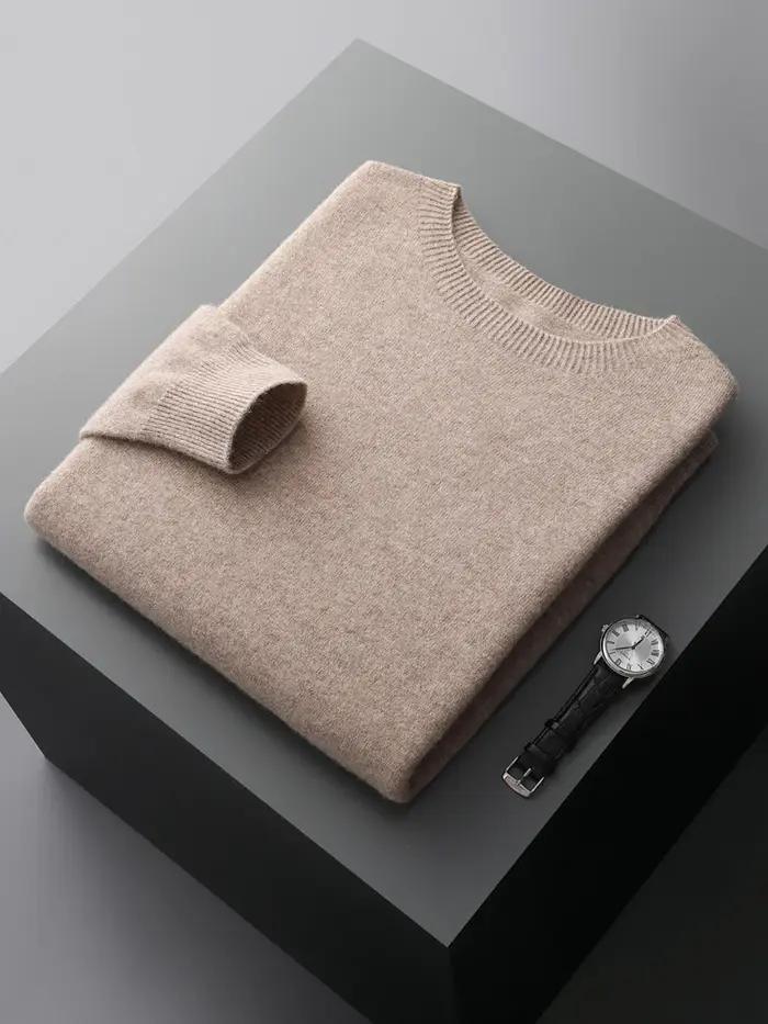 Pull basique en laine sans couture pour homme, col rond, couleur unie, 100% laine mérinos, tricot dé
